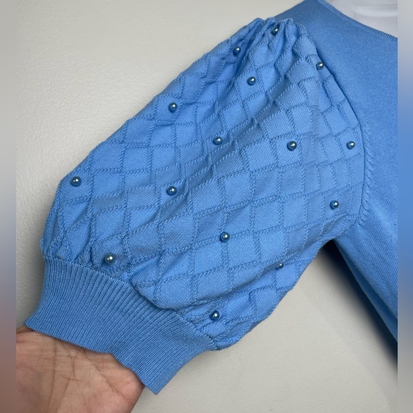 Nanette Lepore Blue Pearl Puff Short Sleeve Cinched Waist Pleated Dress Large - Picture 6 of 9